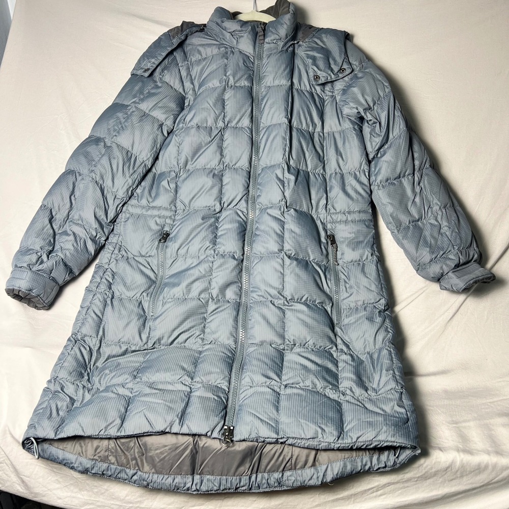 Eddie Bauer Womens Long Down Puffer Parka Jacket Blue Gray Hooded Size M